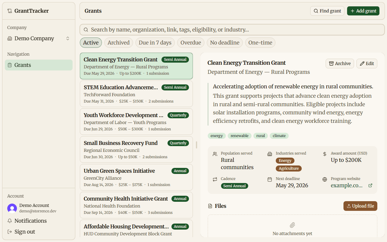 GrantsTracker dashboard with grant detail panel