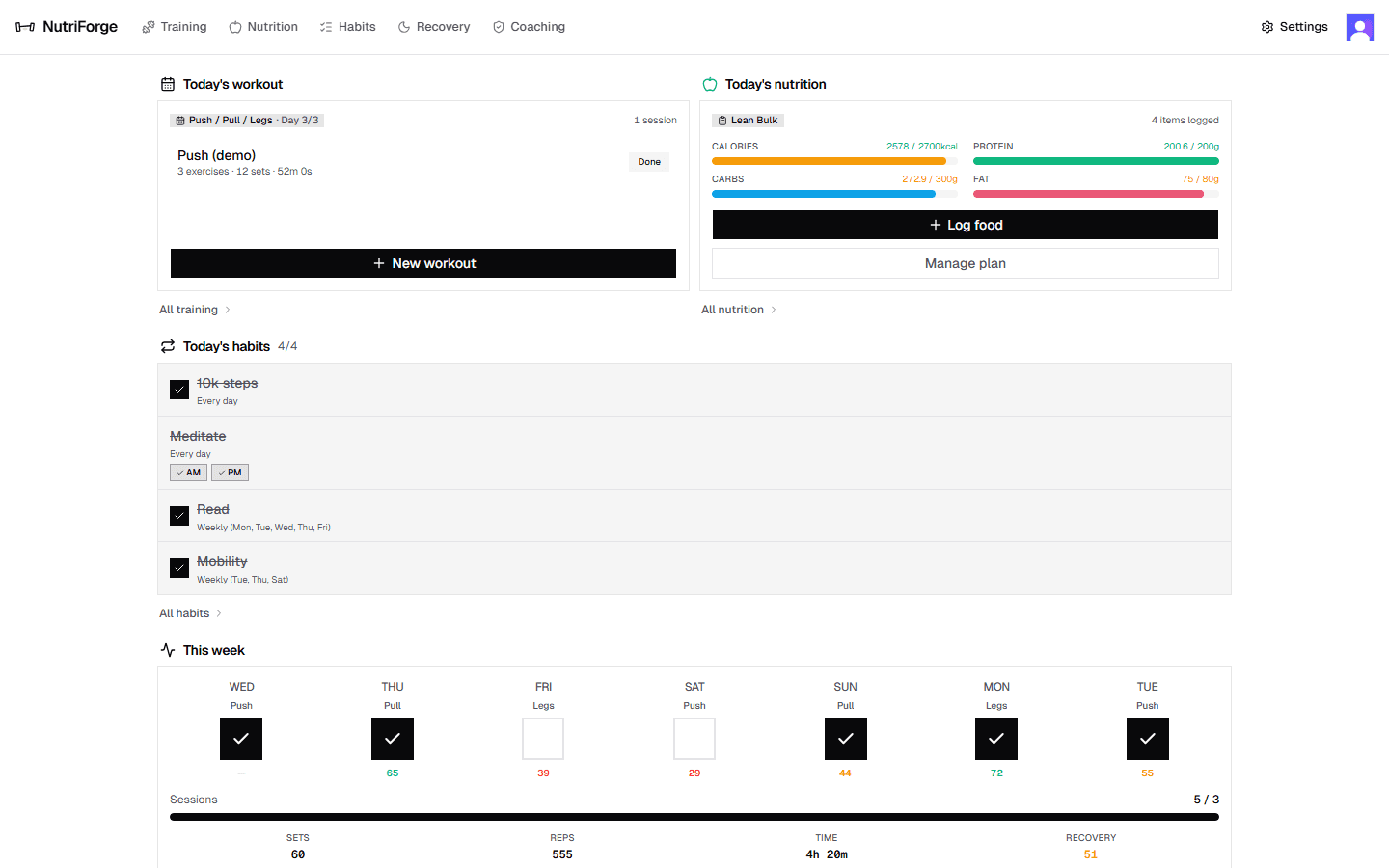 NutriForge dashboard with today's workout, nutrition, and habits